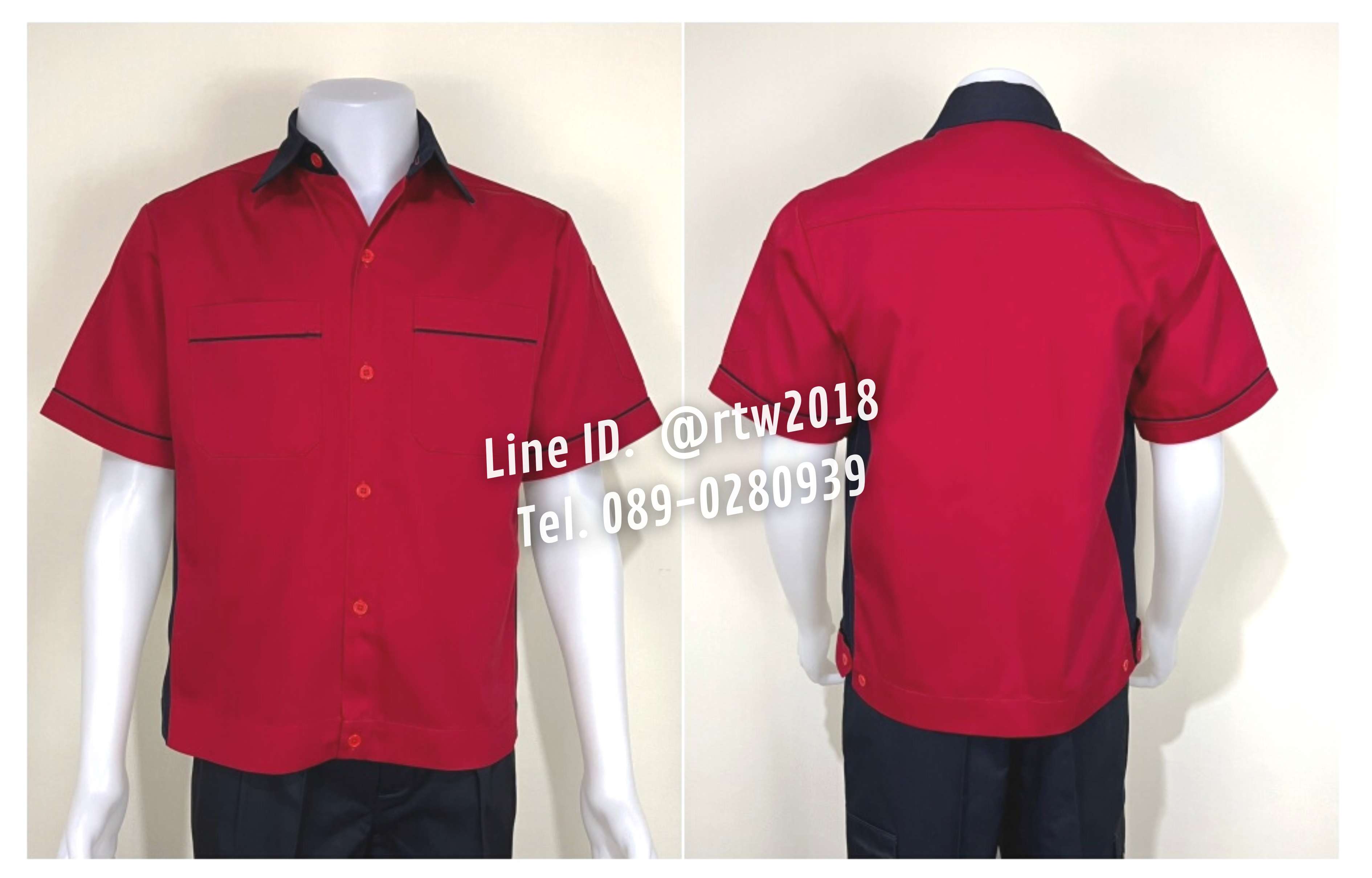 รหัส A14.4 : เสื้อช่างแขนสั้นผ้าคอมทวิวสีแดงข้างกรมท่า