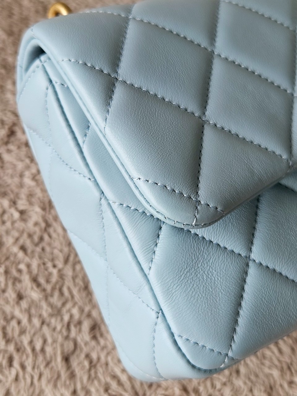 Chanel 22P Seasonal Mini Square Flap Bag Lambskin Light Blue And Enamel With Gold Hardware Metalplate