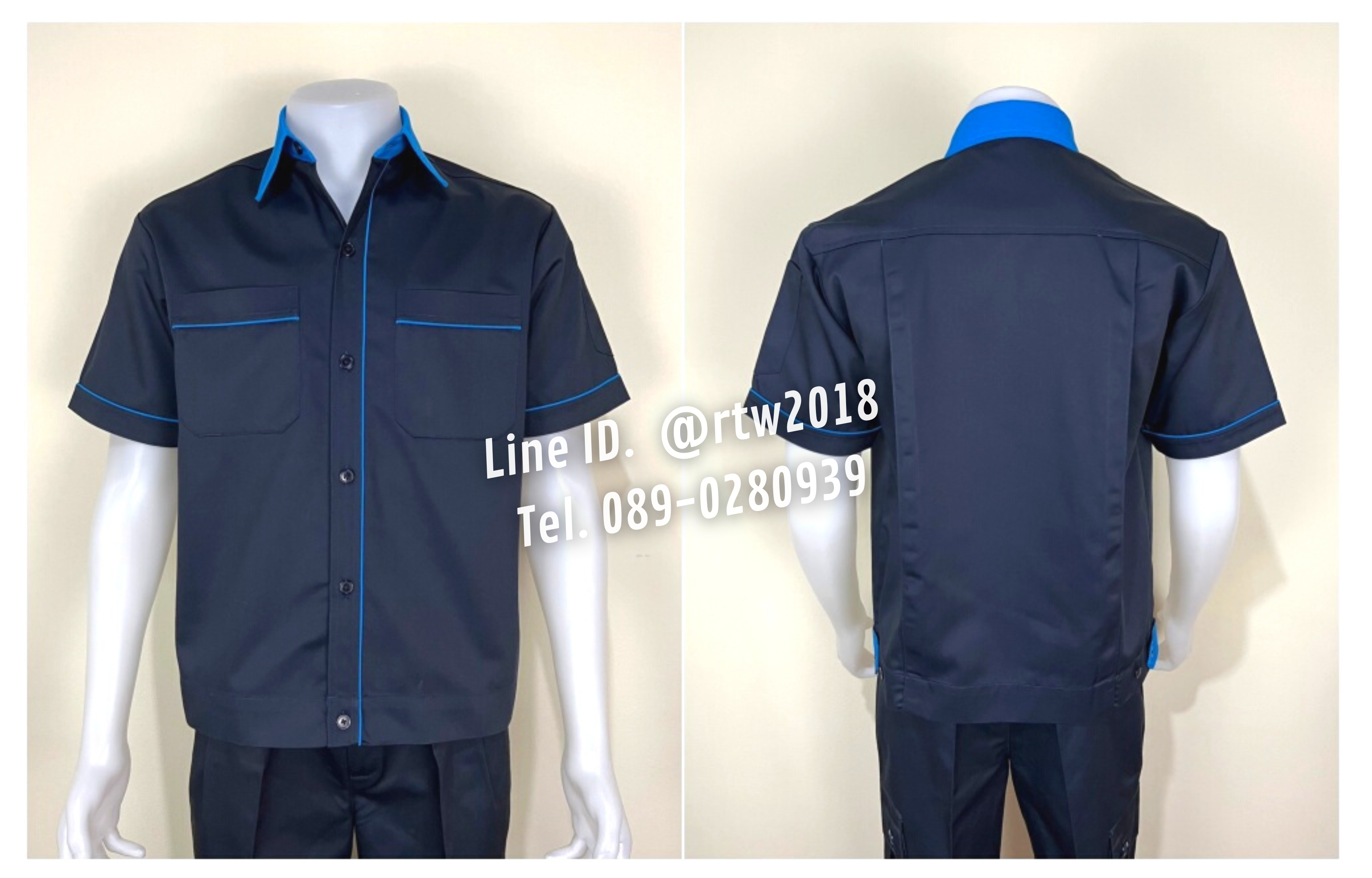 รหัส A6.3 : เสื้อช่างแขนสั้นผ้าคอมทวิวสีกรมท่ากุ้นฟ้าเข้ม