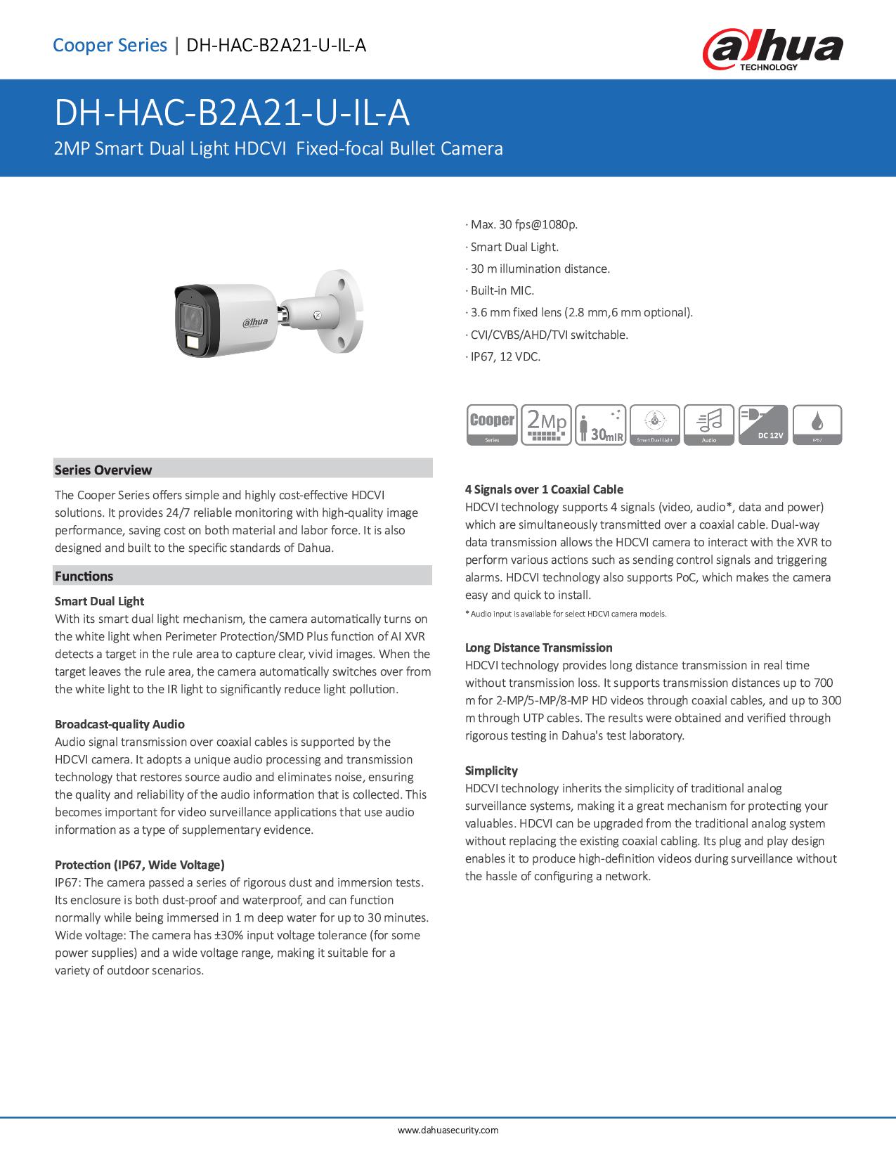 กล้อง Dahua HAC-B2A21-U-IL-A (2MP) ภาพและเสียง ภาพสี 24 ชม.