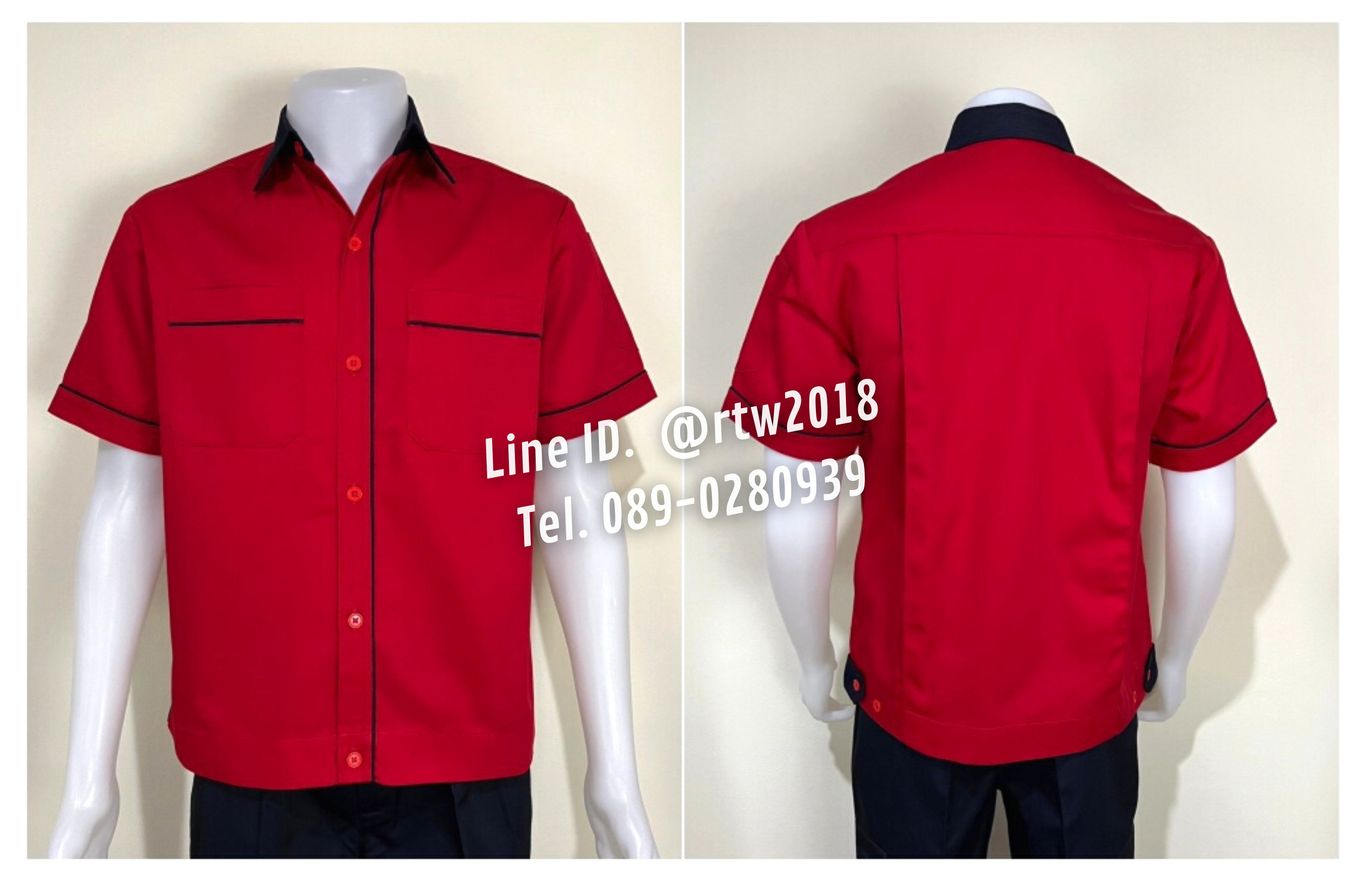 รหัส A15.4 : เสื้อช่างแขนสั้นผ้าคอมทวิวสีแดงกุ้นกรมท่า