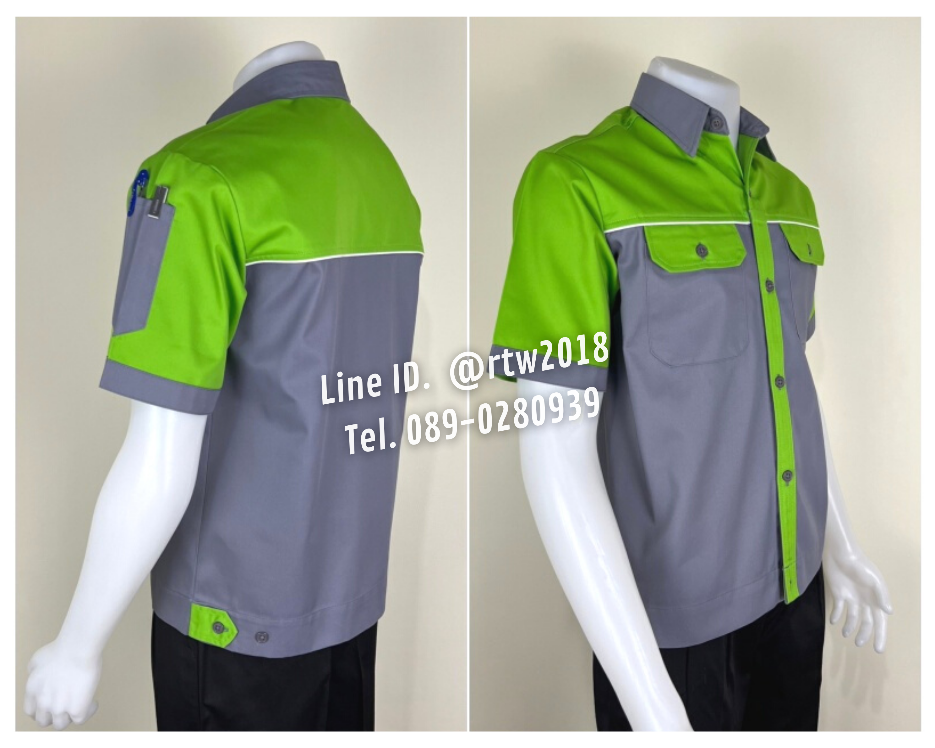 รหัส A25.5 : เสื้อช่างแขนสั้นผ้าคอมทวิวสีเทาอก+แขนเขียวอ่อน (กุ้นขาว)