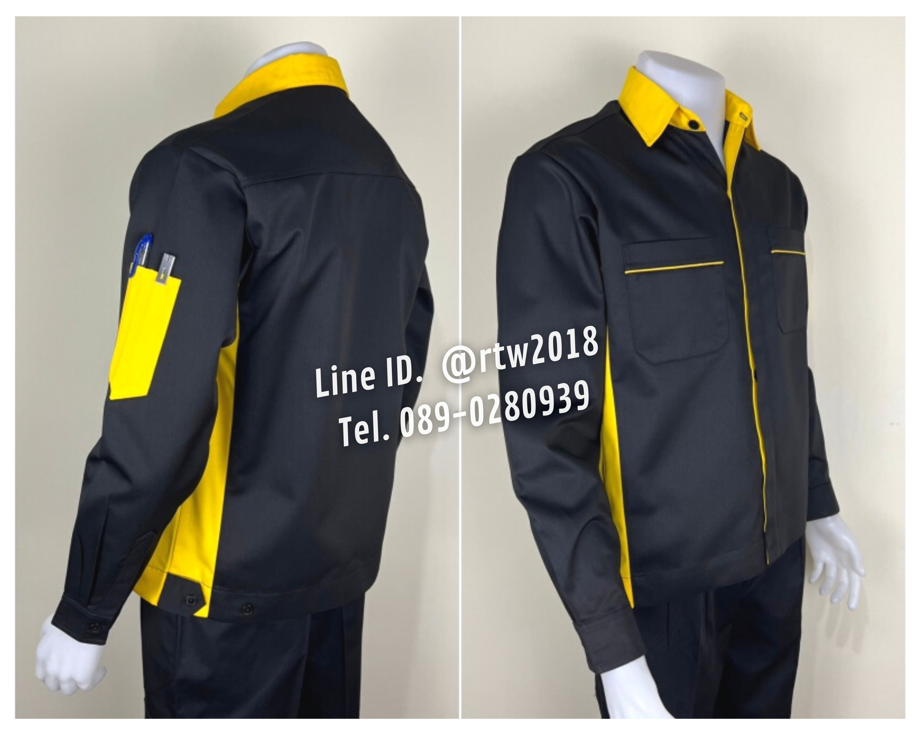 รหัส AB11.4 : เสื้อช่างแขนยาวผ้าคอมทวิวสีดำข้างเหลือง (ซ่อนสาบ)