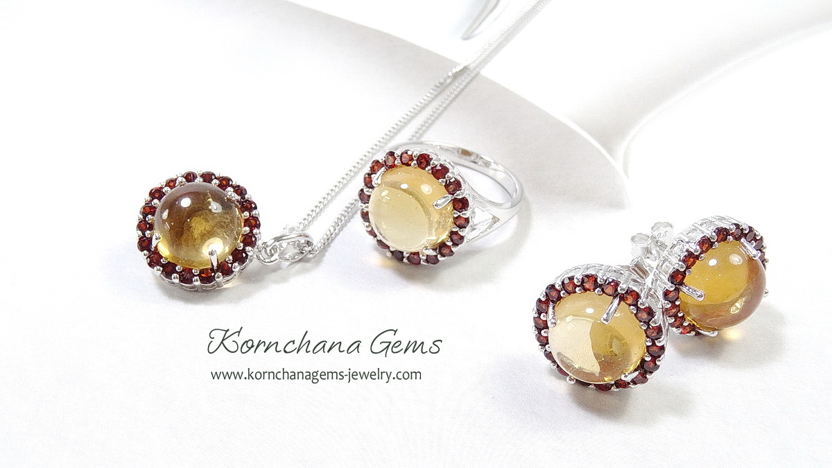 เซ็ทอัญมณี เครื่องประดับคนเกิดวันจันทร์ เซ็ทจี้พร้อมสร้อยเงินแท้ ต่างหูและแหวนพลอยซิทรินล้อมการ์เนทสีน้ำตาลแดงตัวเรือนเงินแท้ชุบทองคำขาว ชิ้นงานคุณภาพสุดๆ ไม่พอใจยินดีคืนเงิน