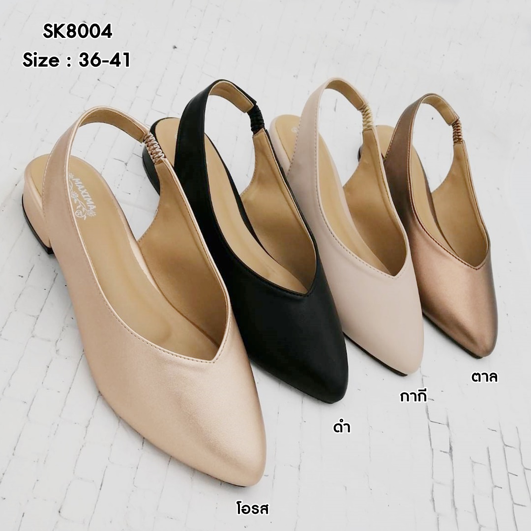 รองเท้าคัทชูส้นเตี้ย ทรงหัวแหลม มีสายรัดหลัง หนังนิ่ม น้ำหนักเบา SK8004
