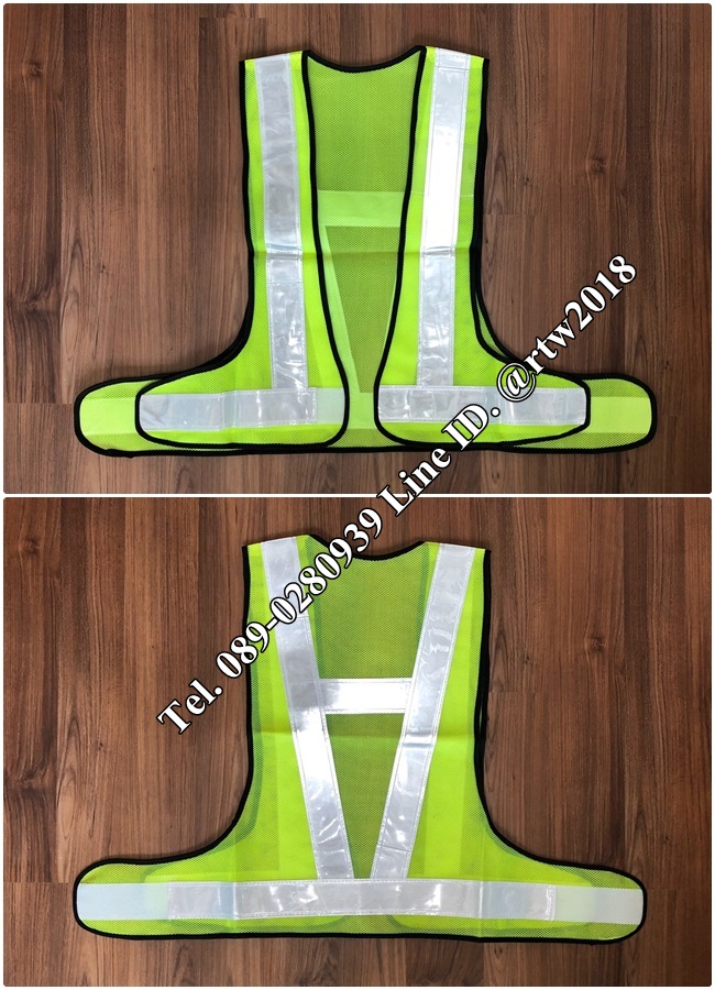 เสื้อกั๊กช่างแบบสายคาด ตาข่ายสีเขียวสะท้อนแสงขาว (รหัส Q1)