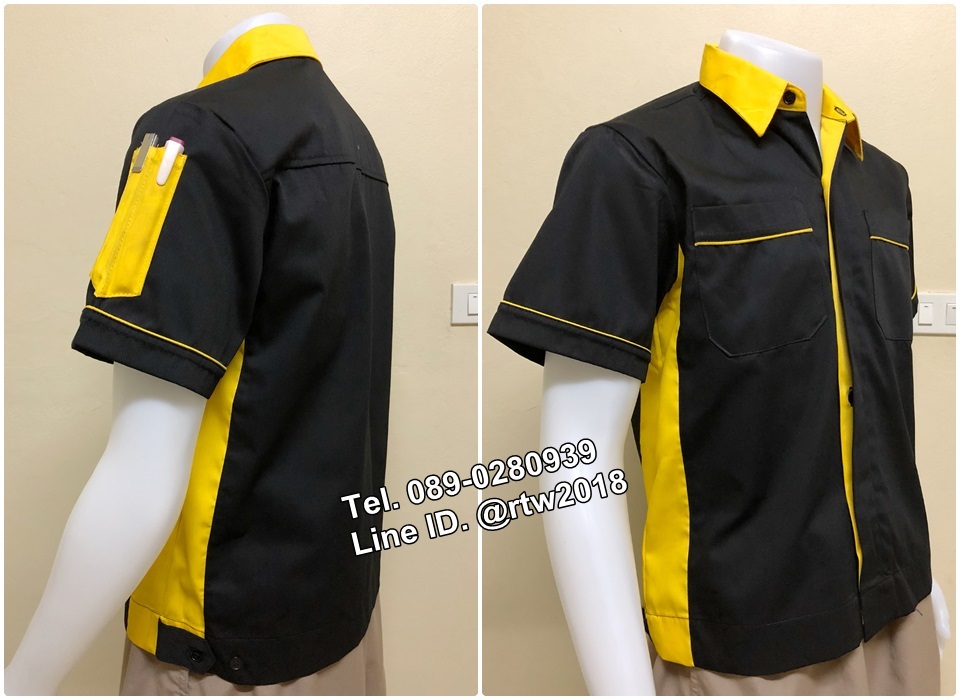 รหัส A17 : เสื้อช่างแขนสั้นแบบดำข้างเหลืองกระดุมซ่อนสาบ