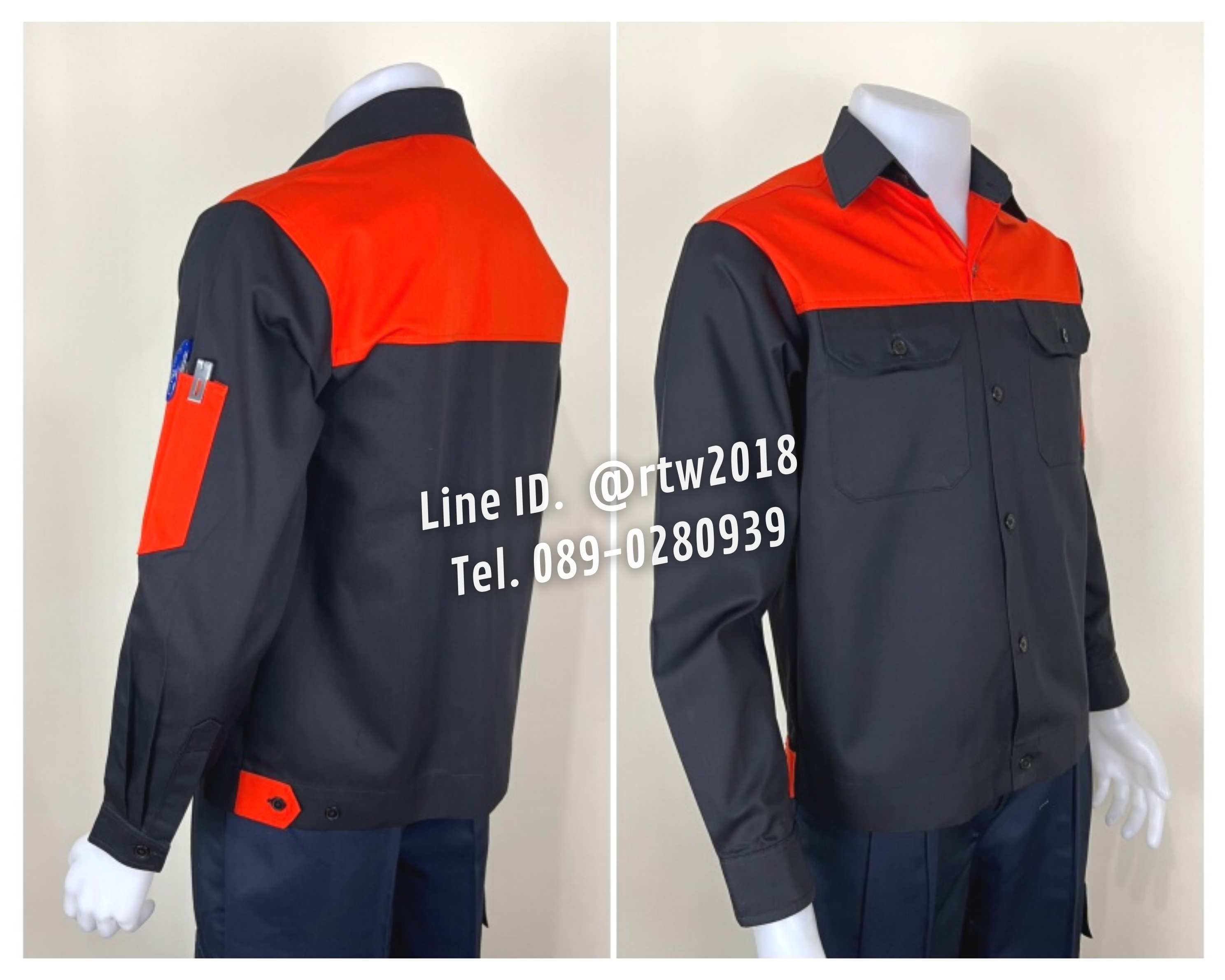 รหัส AB16.2 : เสื้อช่างแขนยาวผ้าคอมทวิวสีดำอกส้ม