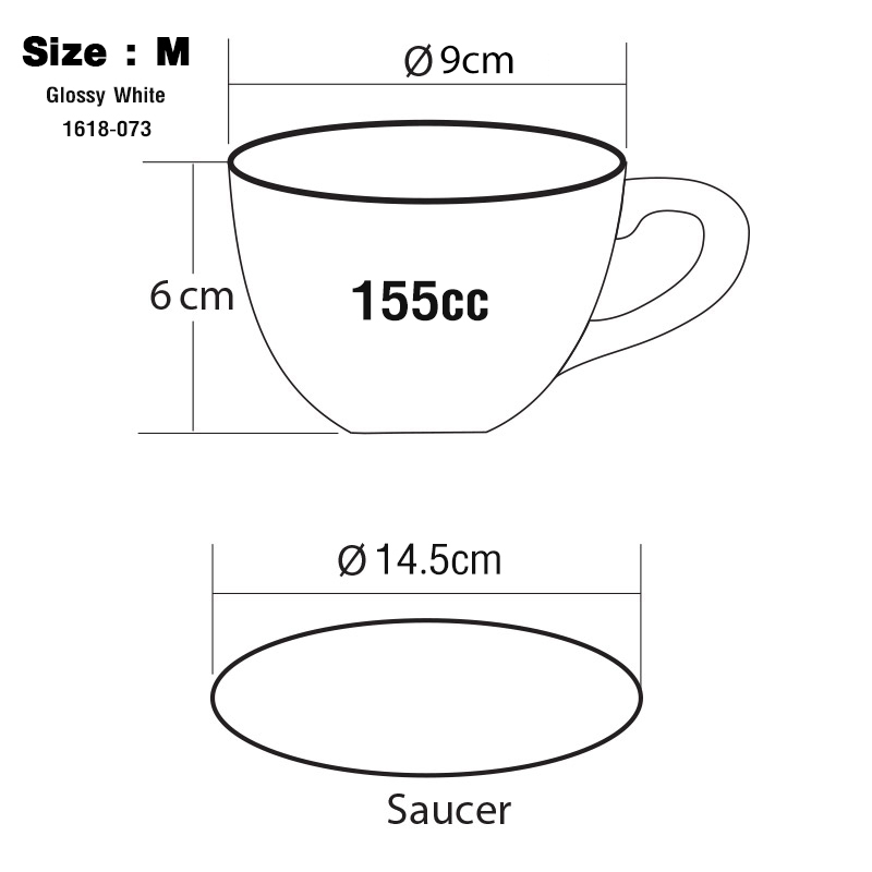 ถ้วยกาแฟ เซรามิก 155cc(M) สีขาวเงา พร้อมจานรอง