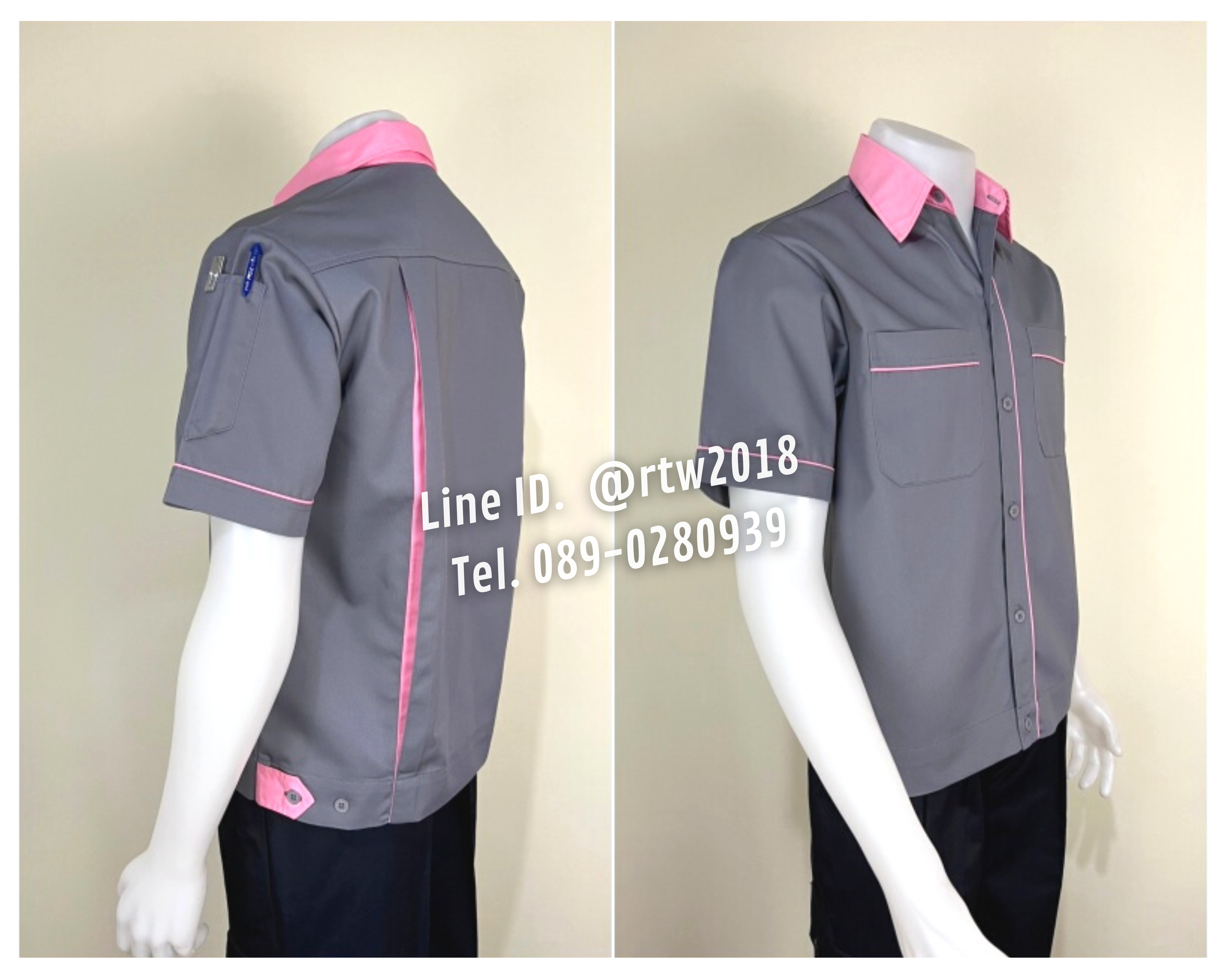 รหัส A5.14 : เสื้อช่างแขนสั้นผ้าคอมทวิวสีเทากุ้นชมพูอ่อน