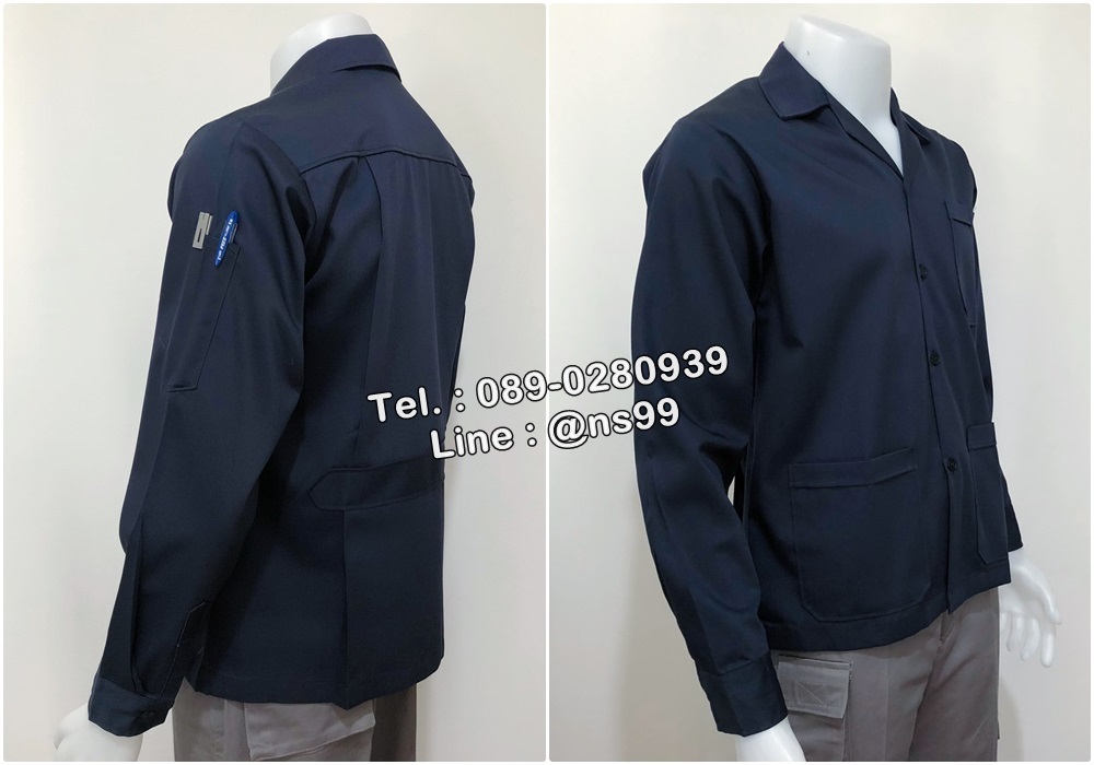 รหัส A114 : เสื้อช่างแขนยาวผ้าคอมทวิวแบบสามกระเป๋าชายเสื้อปล่อยสีกรมล้วน