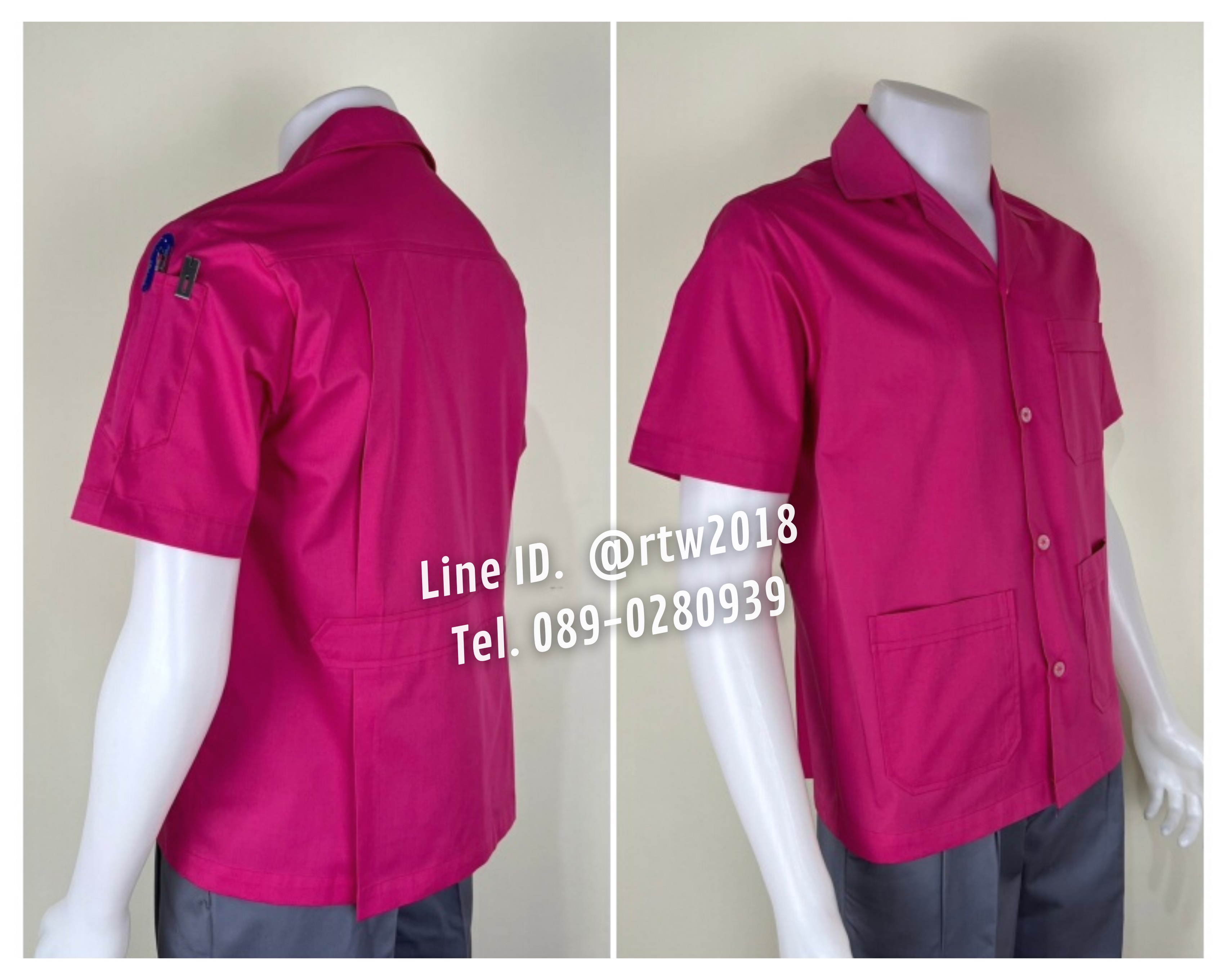 รหัส H3 : [Pre-Order] เสื้อโรงงานผ้าคอมทวิว 45*34 สามกระเป๋าสีชมพูเข้ม