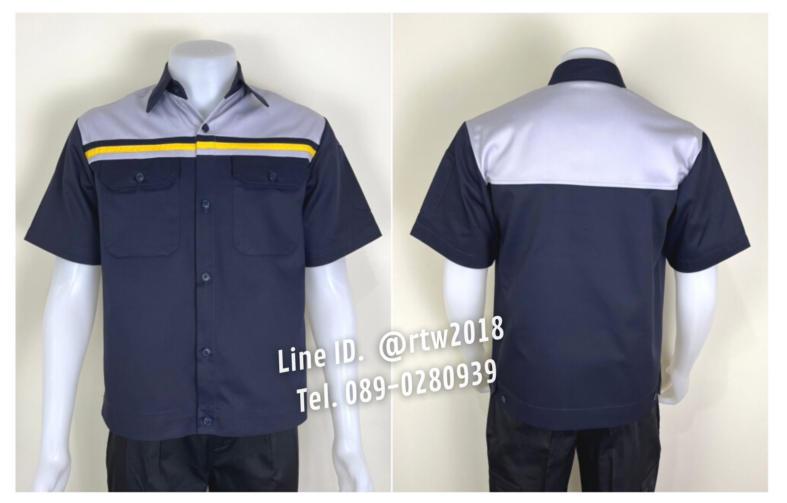 รหัส A28 : เสื้อช่างแขนสั้นผ้าคอมทวิวสีกรมท่าอกเทาอ่อนคาดอกเหลือง-กรมท่า