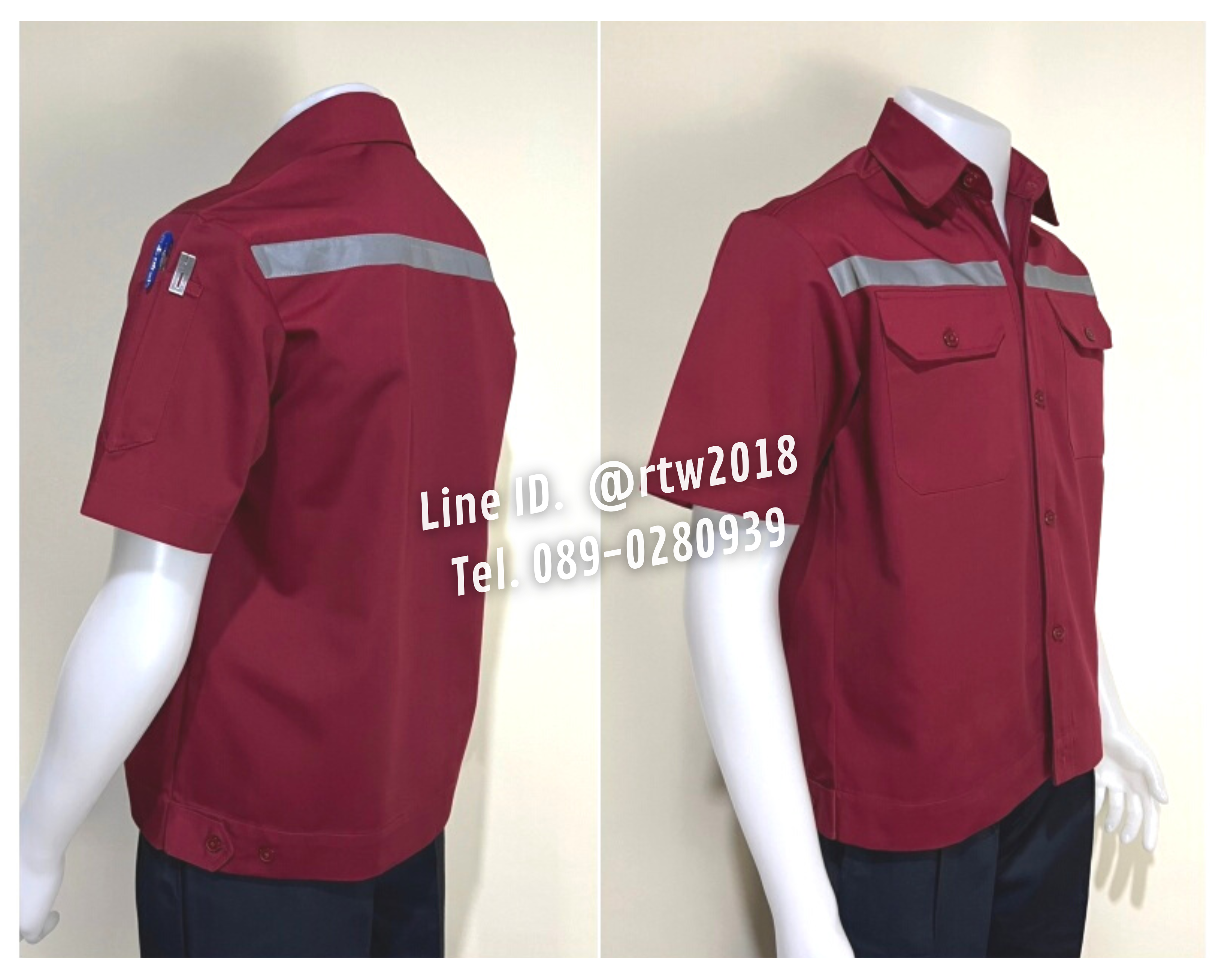 รหัส A2.4 : เสื้อช่างแขนสั้นผ้าคอมทวิวสองกระเป๋าที่อกสีเลือดหมูล้วน (ติดสะท้อนแสง)