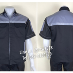 รหัส A35.2 : เสื้อช่างแขนสั้นผ้าคอมทวิว 4 กระเป๋า สีดำอกเทา (ติดสะท้อนแสง)