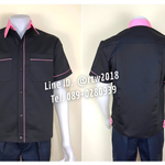 รหัส A7.12 : เสื้อช่างแขนสั้นผ้าคอมทวิวสีดำกุ้นชมพูอ่อน