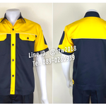รหัส A26.1 : เสื้อช่างแขนสั้นผ้าคอมทวิวสีกรมท่าอก+แขนเหลือง (กุ้นขาว)
