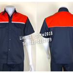 รหัส A20.2 : เสื้อช่างแขนสั้นผ้าคอมทวิวสีกรมท่าอกส้มแต่งเทา