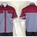 รหัส A25.4 : เสื้อช่างแขนสั้นผ้าคอมทวิวสีเทาอก+แขนเลือดหมู (กุ้นขาว)