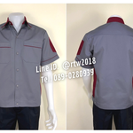 รหัส A11.12 : เสื้อช่างแขนสั้นผ้าคอมทวิวสีเทาข้างเลือดหมู