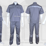 ชุดช่างแขนสั้นผ้าคอมทวิวสองกระเป๋าที่อกสีเทาล้วน (ติดสะท้อนแสง) + กางเกงช่างผ้าคอมทวิวกระเป๋าแปะสีเทา (5 กระเป๋า) ติดสะท้อนแสง 2 เส้น