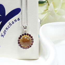 สร้อยพร้อมจี้พลอยแท้ พลอยซิทรินสีเหลืองล้อมพลอยสีน้ำตาลแดง พลอยสีเหลืองสำหรับคนเกิดวันจันทร์ อัญมณีประจำวันวันจันทร์ พร้อมสร้อยเงินแท้