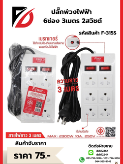 ปลั๊กพ่วงไฟฟ้า 6ช่อง 3เมตร 2สวิชต์ F-315S
