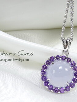 สร้อยคอพร้อมจี้พลอยแท้ พลอยโมราหลังเบี้ยสีฟ้า blue chalcydony ล้อมพลอยอเมทิสท์สีม่วง พร้อมสร้อยเงินแท้ พลอยสีฟ้าอัญมณีคนเกิดวันศุกร์