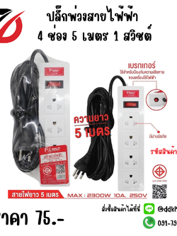 ปลั๊กพ่วงสายไฟ้ฟ้า 4 ช่อง 5 เมตร 1 สวิชต์ F-313M