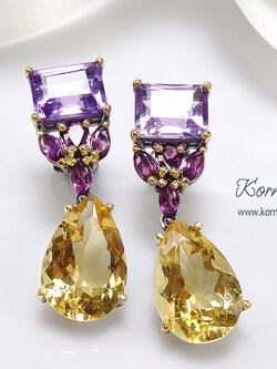 ต่างหูพลอยแบบห้อย จับคู่ม่วงอเมทิสท์และเหลืองซิทริน พลอยสีสดเม็ดใหญ่ เปรี้ยวปรี๊ดด โดดเด่น เหมาะสำหรับงานเลี้ยง งานแต่งงาน