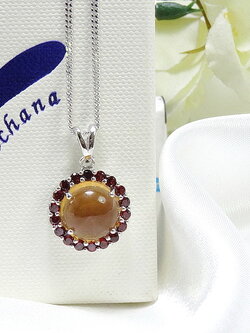 สร้อยพร้อมจี้พลอยแท้ พลอยซิทรินสีเหลืองล้อมพลอยสีน้ำตาลแดง พลอยสีเหลืองสำหรับคนเกิดวันจันทร์ อัญมณีประจำวันวันจันทร์ พร้อมสร้อยเงินแท้