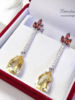 ต่างหูซิทรินสีเหลืองทรงลูกแพร ขนาด 14 mm. แมทซ์กับโรโดไลท์การ์เนทสีน้ำตาลแดง สวยลงตัว ตัวเรือนเงินแท้ silver925 ความยาวต่างหู 4 cm.