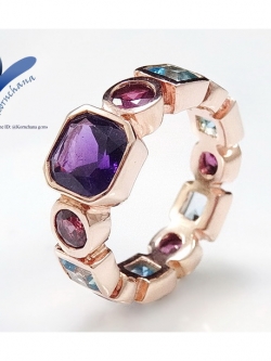 แหวนพลอยอเมทิสท์รอบนิ้ว สลับโรโดไลท์และบลูโทพาสสีฟ้าใส ตัวเรือนเงินแท้ ชุบพิงค์โกลด์ ฝีมือประณีต รับประกันความพึงพอใจ