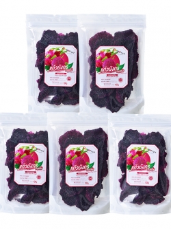 แก้วมังกรอบแห้ง(สูตรไม่มีน้ำตาล) เคี้ยวมัน หอม หวานจากธรรมชาติ น้ำหนัก 100 กรัม (แพ็ค 5 ถุง)