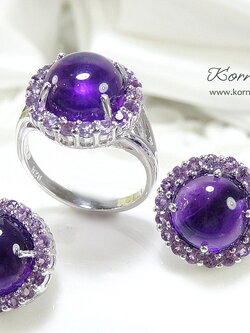 อัญมณีคนเกิดวันเสาร์ พลอยอเมทิสท์ amethyst สีม่วงเข้มสวยล้อมสีม่วงอ่อน ทั้งเซ็ทประกอบด้วยแหวน ต่างหู จี้พร้อมสร้อยคอเงินแท้ ชุบไมครอนประณีตสุดๆ
