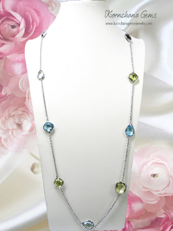 สร้อยคอพลอยแท้ สร้อยยาวแบบสวมหัวได้ โทนสีหวานๆด้วยม่วงอเมทิสท์สลับกรีนอเมทิสท์ และสกายบลูโทพาสสีฟ้าใส ตัวเรือนเงินแท้ สวมหัวได้เลยค่ะ