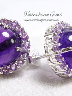 ต่างหูคนเกิดวันเสาร์ ต่างหูพลอย amethyst หลังเบี้ยสีม่วงสดล้อมอเมทิสท์สีม่วงอ่อน ตัวเรือนเงินแท้ ชิ้นงานคุณภาพ ประณีตสุดๆ ไม่พอใจยินดีคืนเงิน