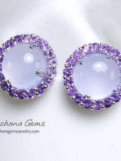 ต่างหูคนเกิดวันศุกร์ พลอยโมราหลังเบี้ยสีเขียวฟ้าพยับหมอกล้อมพลอยอเมทิสท์สีม่วง สวยหวาน ตัวเรือนเงินแท้ ชิ้นงานคุณภาพ ประณีตสุดๆ