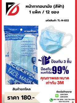 หน้ากากอนามัย (1 แพ็ค 15 ชิ้น) สีฟ้า 3 ชั้น