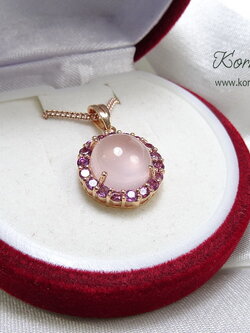 สร้อยคอพร้อมจี้พลอยแท้ พลอยโรสควอทซ์สีชมพูอ่อนล้อมเมทิสท์สีม่วงชมพูสวยหวาน พลอยสีชมพูสำหรับคนเกิดวันอังคาร อัญมณี/จี้ประจำวันวันอังคาร