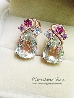ต่างหูกรีนอเมทิสท์สีเขียวใสทรงหยดน้ำ ด้านบนเป็นทัวร์มาลีนสีชมพู,บลูโทพาสสีฟ้าและอเมทิสท์สีม่วง สวยหวานจับใจ ตัวเรือนเงินแท้ silver925