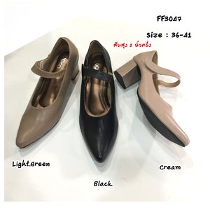 รองเท้าคัทชู ส้นสูง รองเท้าหุ้มส้น รองเท้าหัวแหลม มีสายรัดคาดหลังเท้าพร้อมเมจิกเทปปรับความกระชับได้ FF3047 หนังนิ่ม ใส่สบาย