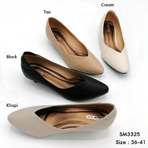 รองเท้าคัทชู ผู้หญิง ทรงหัวแหลม สูง1นิ้ว ส้นกันลื่นตอกมือ ทำจากหนังพียู นิ่มใส่สบาย SM3325