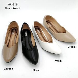 รองเท้าคัทชู ผู้หญิง ทรงหัวแหลม สูง1นิ้ว ส้นกันลื่นตอกมือ ทำจากหนังพียู นิ่มใส่สบาย SM3319